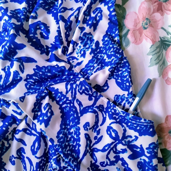 Blue White Tribal Porcelain Print Dress Pockets - Picture 5 of 9